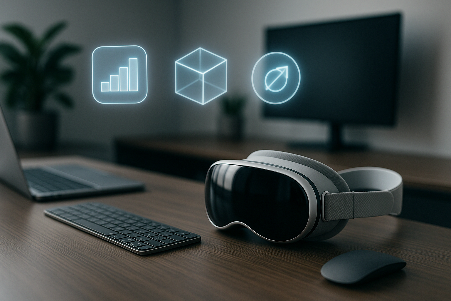 Postazione di lavoro moderna con interfacce digitali tridimensionali tipiche della realtà mista