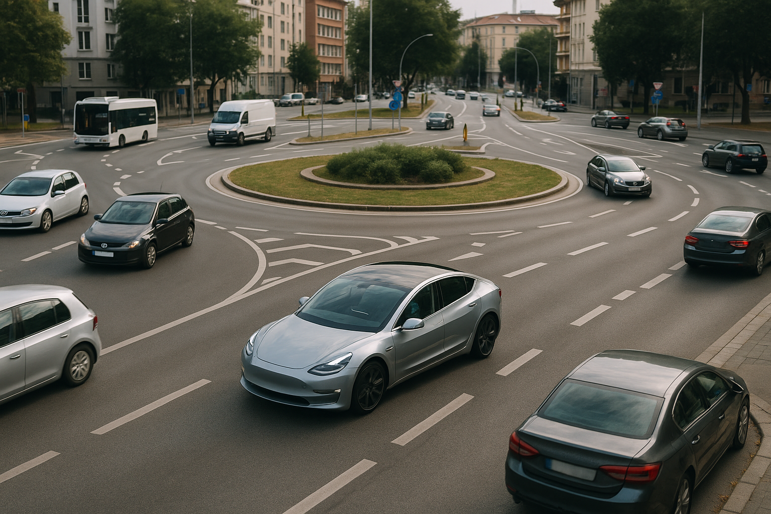 Traffico urbano europeo con rotonda e segnaletica complessa, scenario tipico per test di guida autonoma