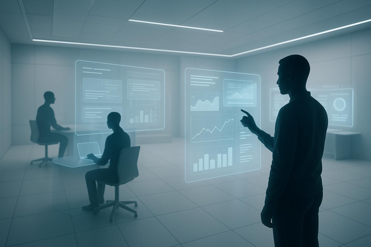 Spazio di lavoro virtuale tridimensionale con postazioni e figure digitali in un ambiente professionale