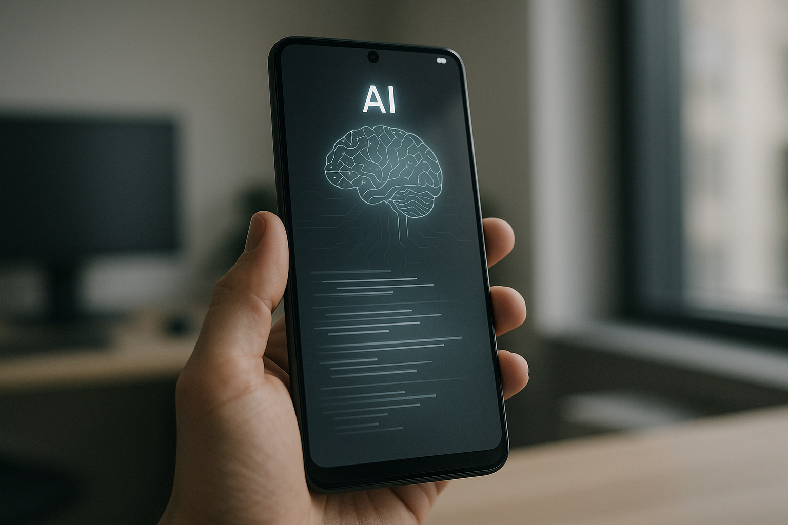 Smartphone con elementi grafici astratti che rappresentano l’integrazione dell’AI generativa nel sistema mobile