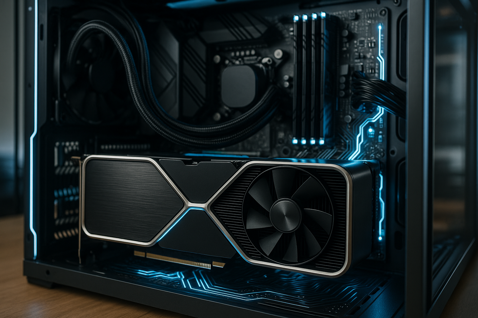 Scheda grafica di nuova generazione in un PC da gaming con circuiti e illuminazione tecnica