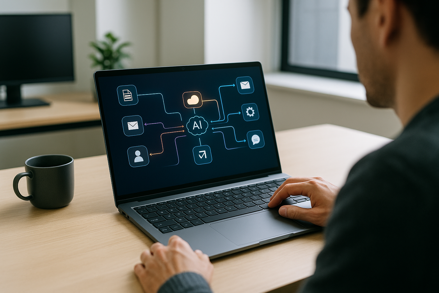 Rappresentazione astratta di un assistente AI integrato nei flussi di lavoro su un laptop