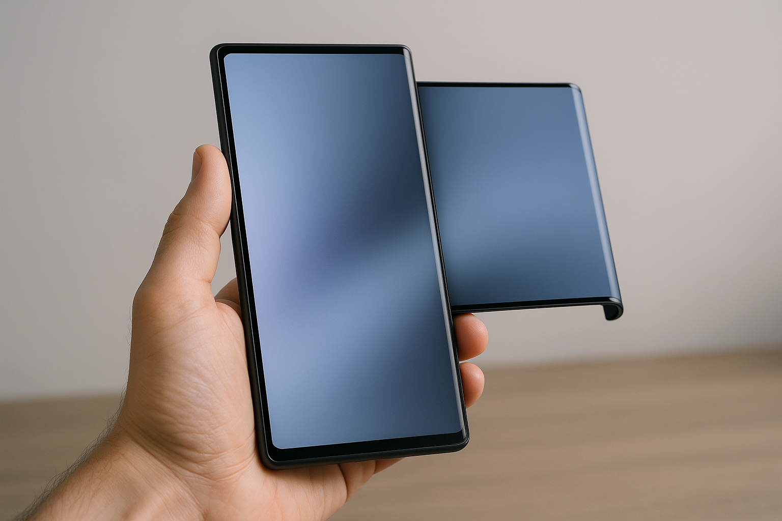 Smartphone con display arrotolabile esteso che mostra una superficie più ampia rispetto alla modalità compatta