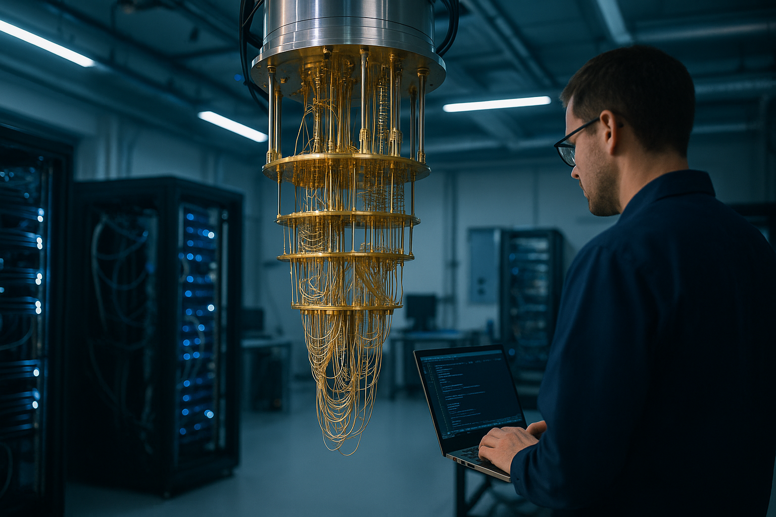 Sistema sperimentale per calcolo quantistico con criostato e strumentazione di controllo in laboratorio