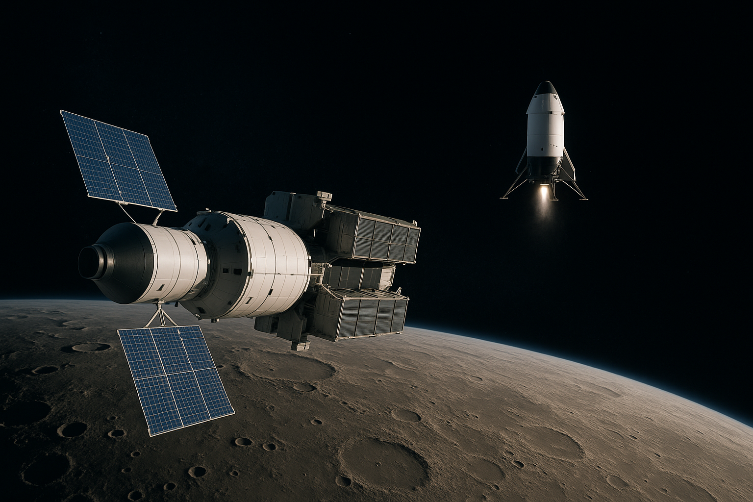 Veicolo spaziale in orbita lunare con moduli cargo e lander in avvicinamento