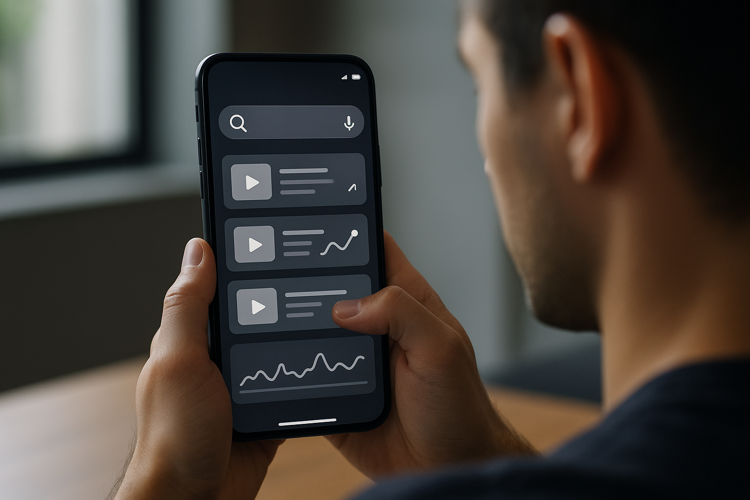 Schema astratto di un motore di ricerca interno in un'app video con risultati ordinati e segnali di ranking