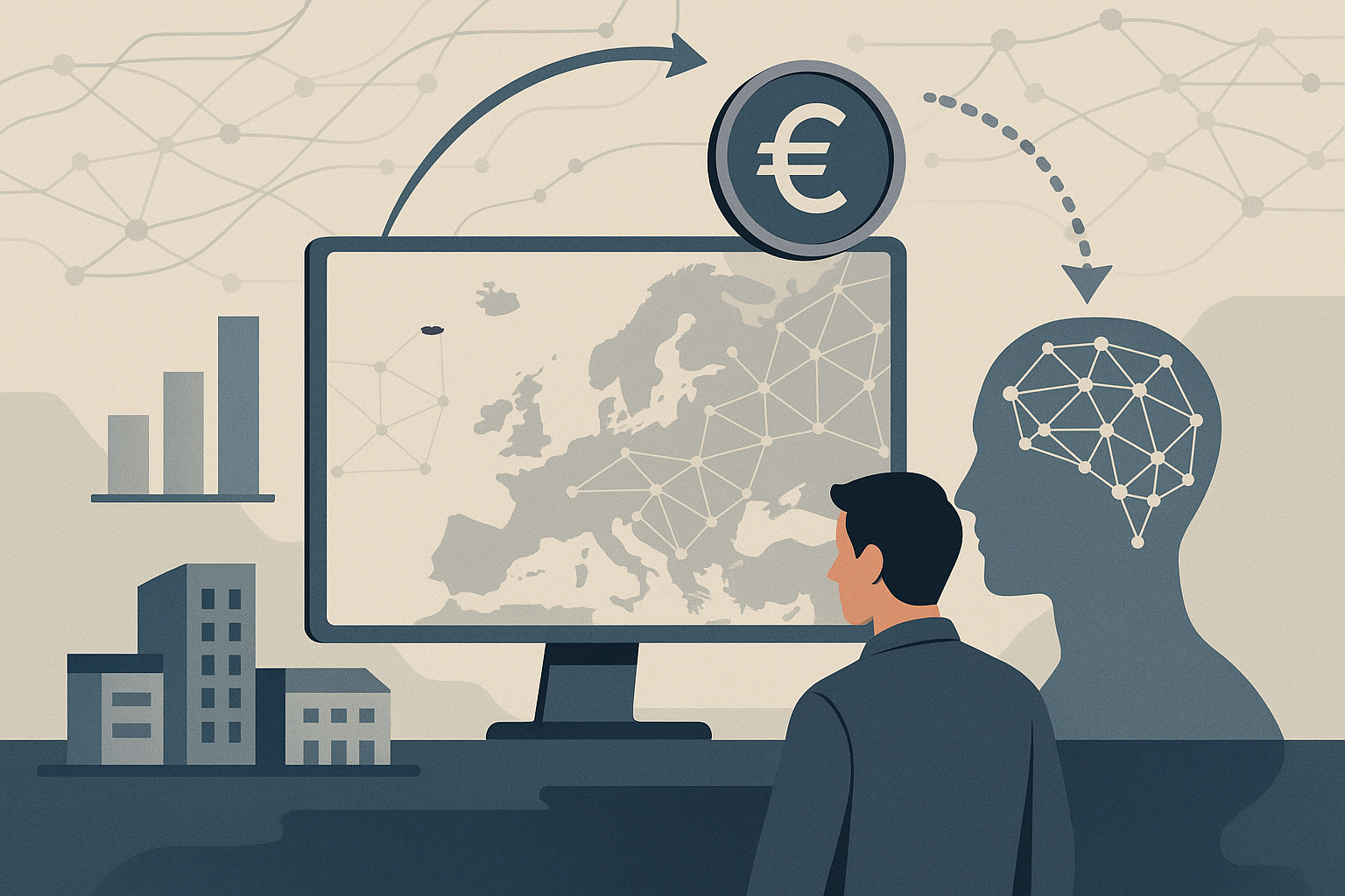 Ecosistema europeo di startup AI con reti neurali astratte e flussi di investimento