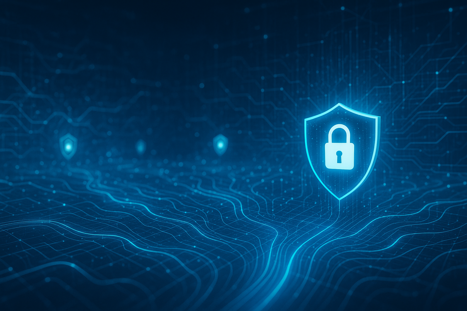 Rappresentazione astratta di cybersecurity nell’era dell’intelligenza artificiale con rete e scudi digitali