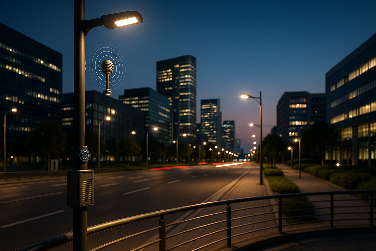 Panorama urbano moderno con infrastrutture connesse che rappresentano sensori IoT e rete 5G