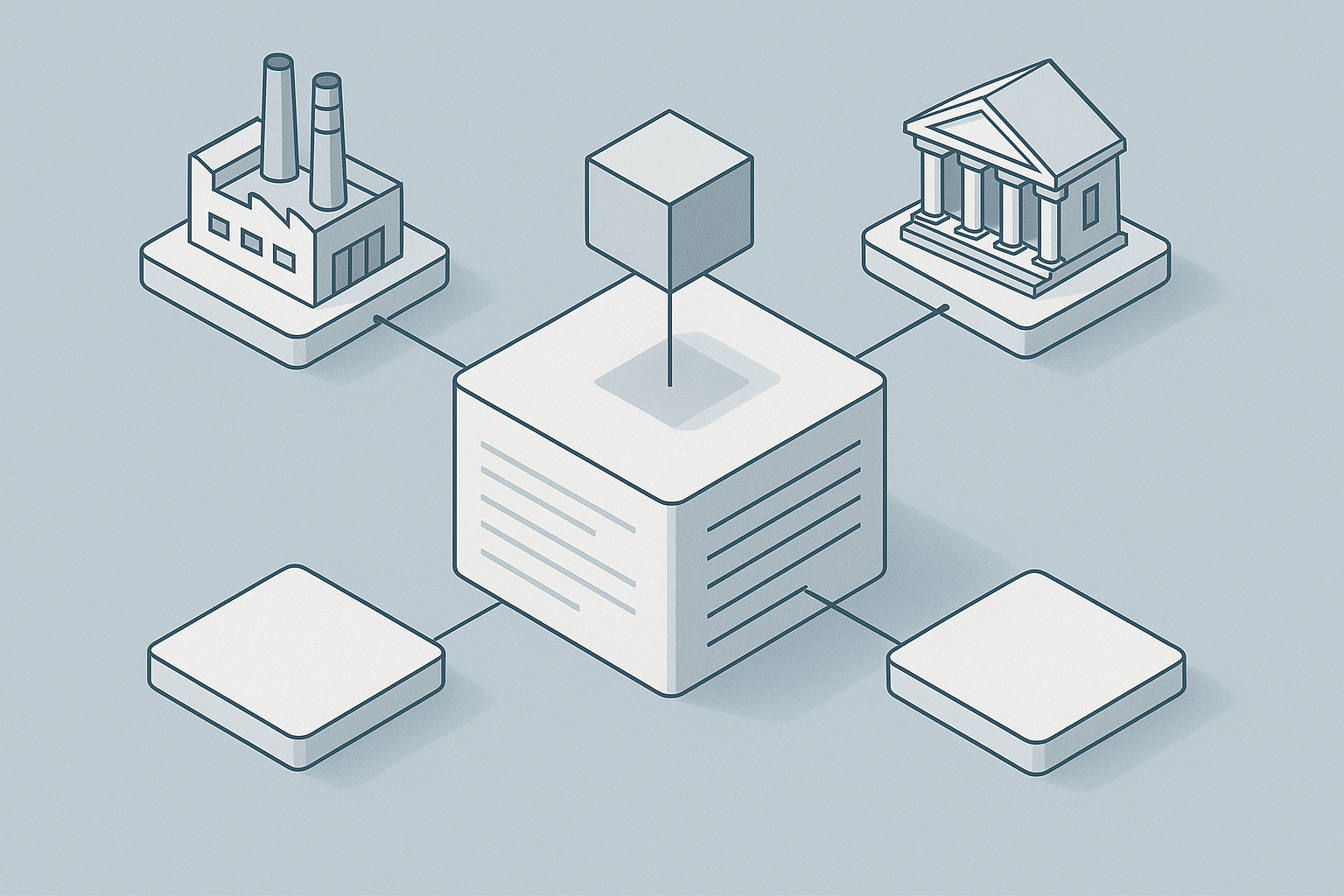 Schema concettuale di blockchain applicata a industria e pubblica amministrazione con nodi collegati