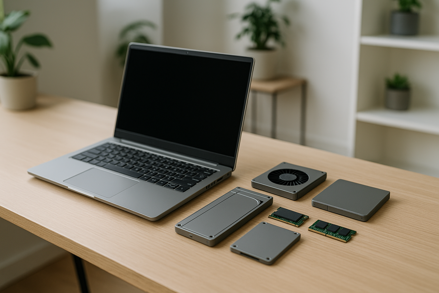 Notebook modulare aperto su scrivania con componenti sostituibili disposti accanto