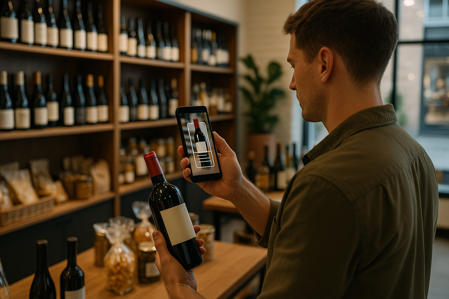 Cliente in negozio usa lo smartphone per visualizzare informazioni in realtà aumentata su un prodotto