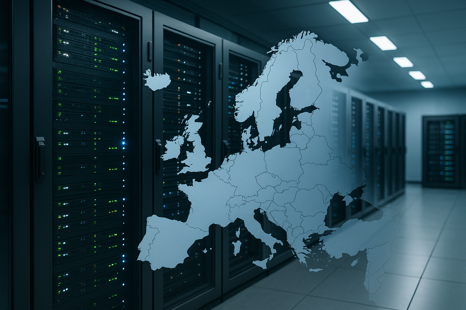 Server di un data center con elementi grafici che richiamano l’AI locale e la sovranità dei dati