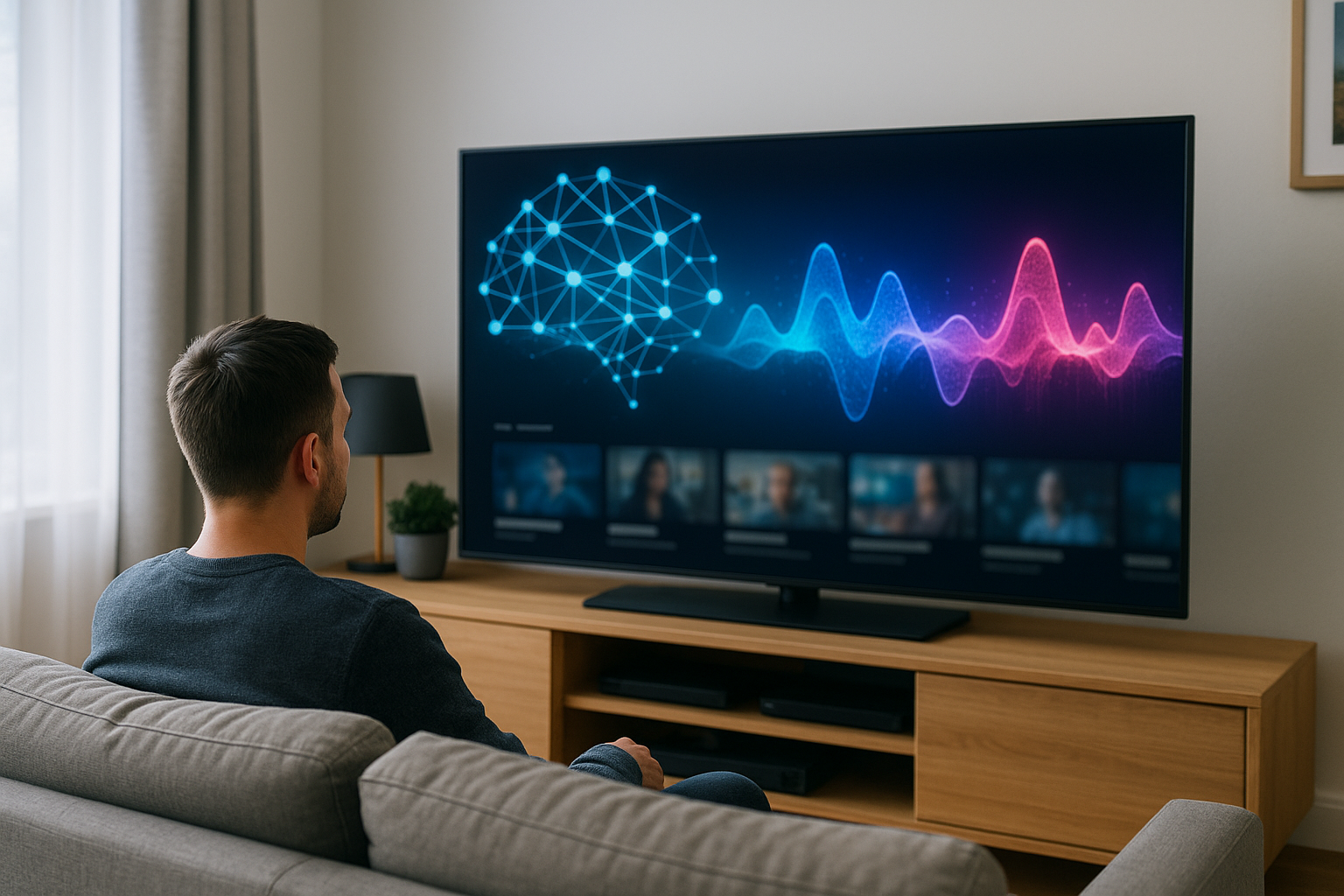 Interfaccia generica di streaming in un salotto con elementi visivi astratti che richiamano l’intelligenza artificiale