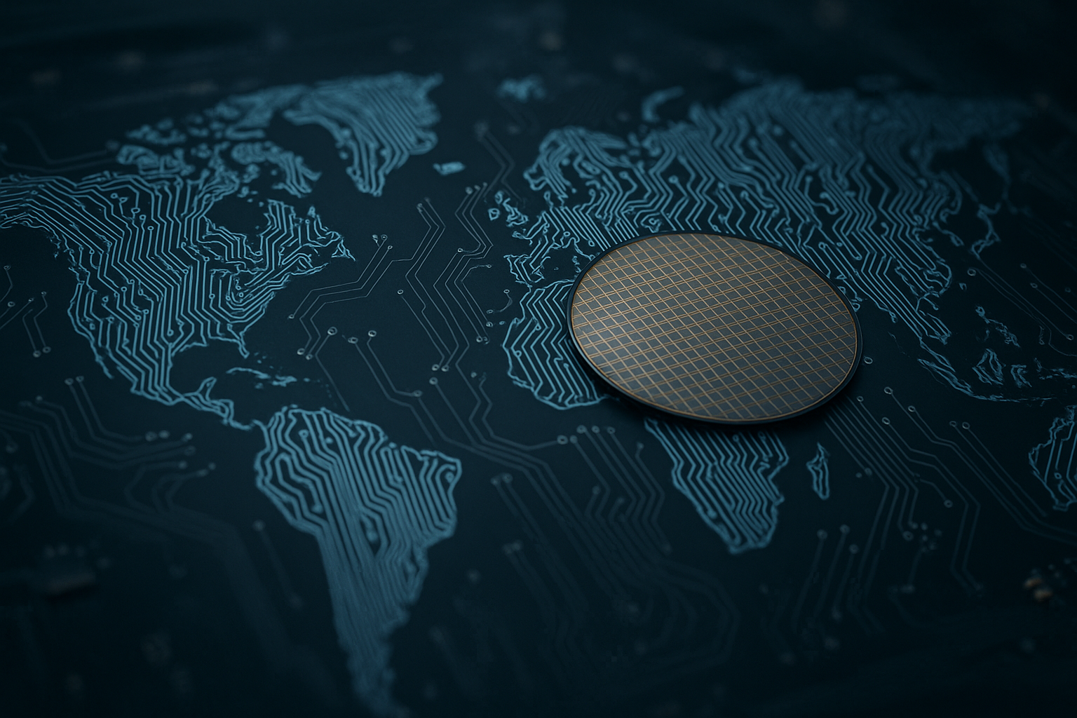 Mappa del mondo stilizzata con circuiti elettronici a rappresentare la competizione globale sui semiconduttori