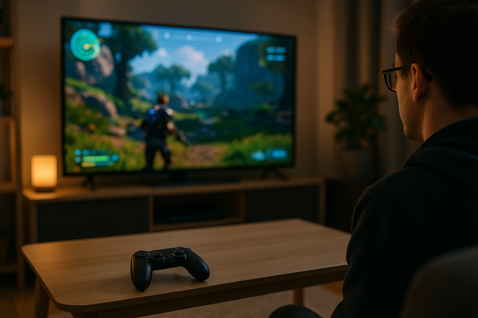 Salotto moderno con TV e controller, simbolo del gaming in streaming su dispositivi domestici