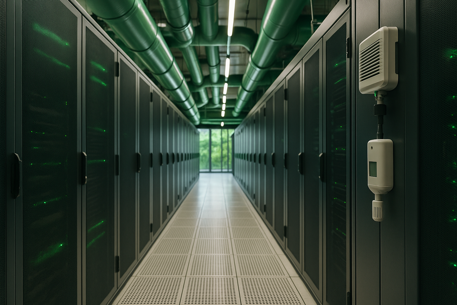 Interno di un data center moderno con soluzioni di raffreddamento efficienti e monitoraggio ambientale