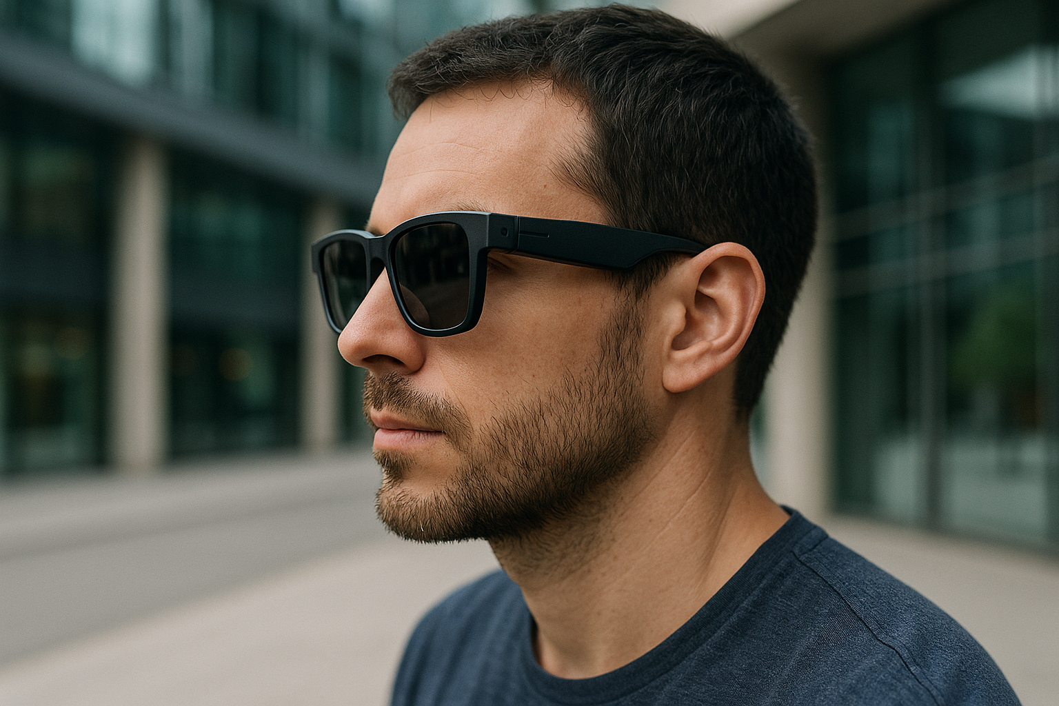 Occhiali smart leggeri indossati in città, design minimal e moderno