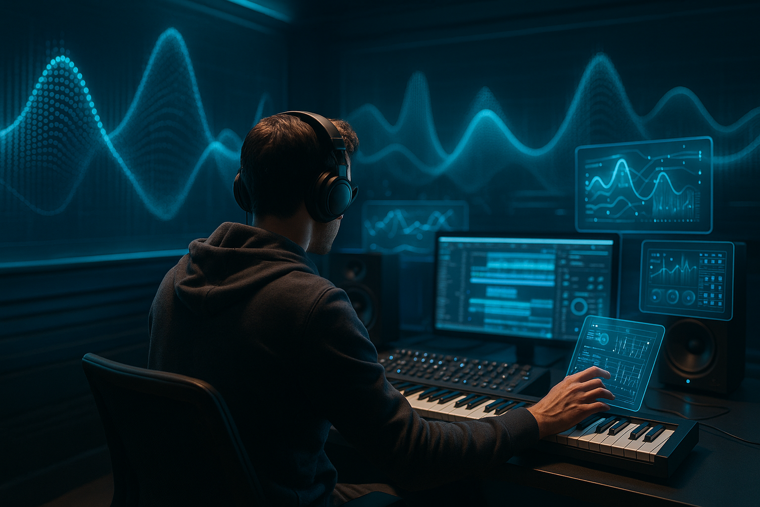 Studio musicale futuristico con visualizzazione astratta di onde sonore e interfacce digitali