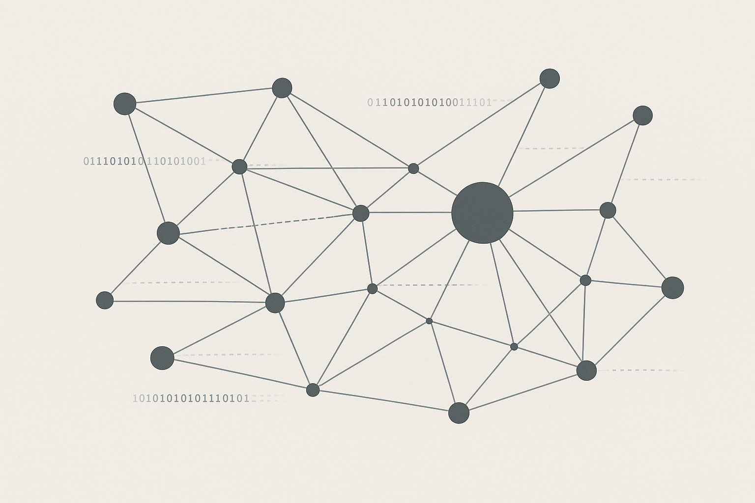 Schema concettuale di una rete web decentralizzata con nodi distribuiti e connessioni tra comunità