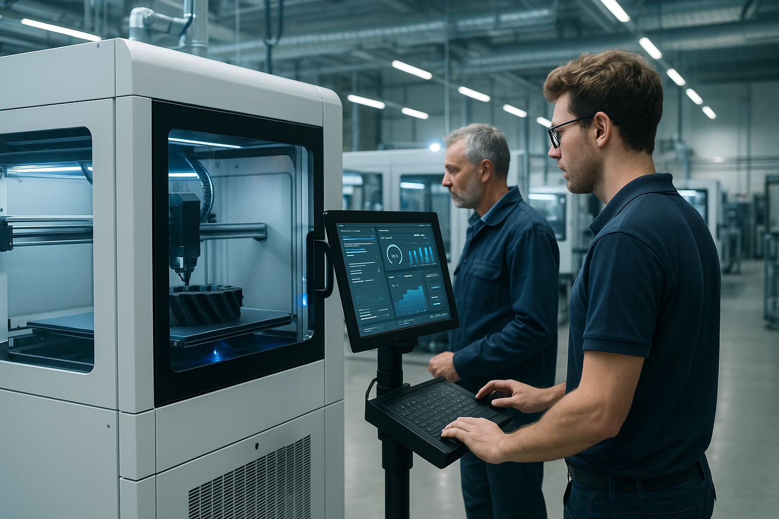 Macchina di stampa 3D industriale in fabbrica con tecnici che monitorano il processo produttivo