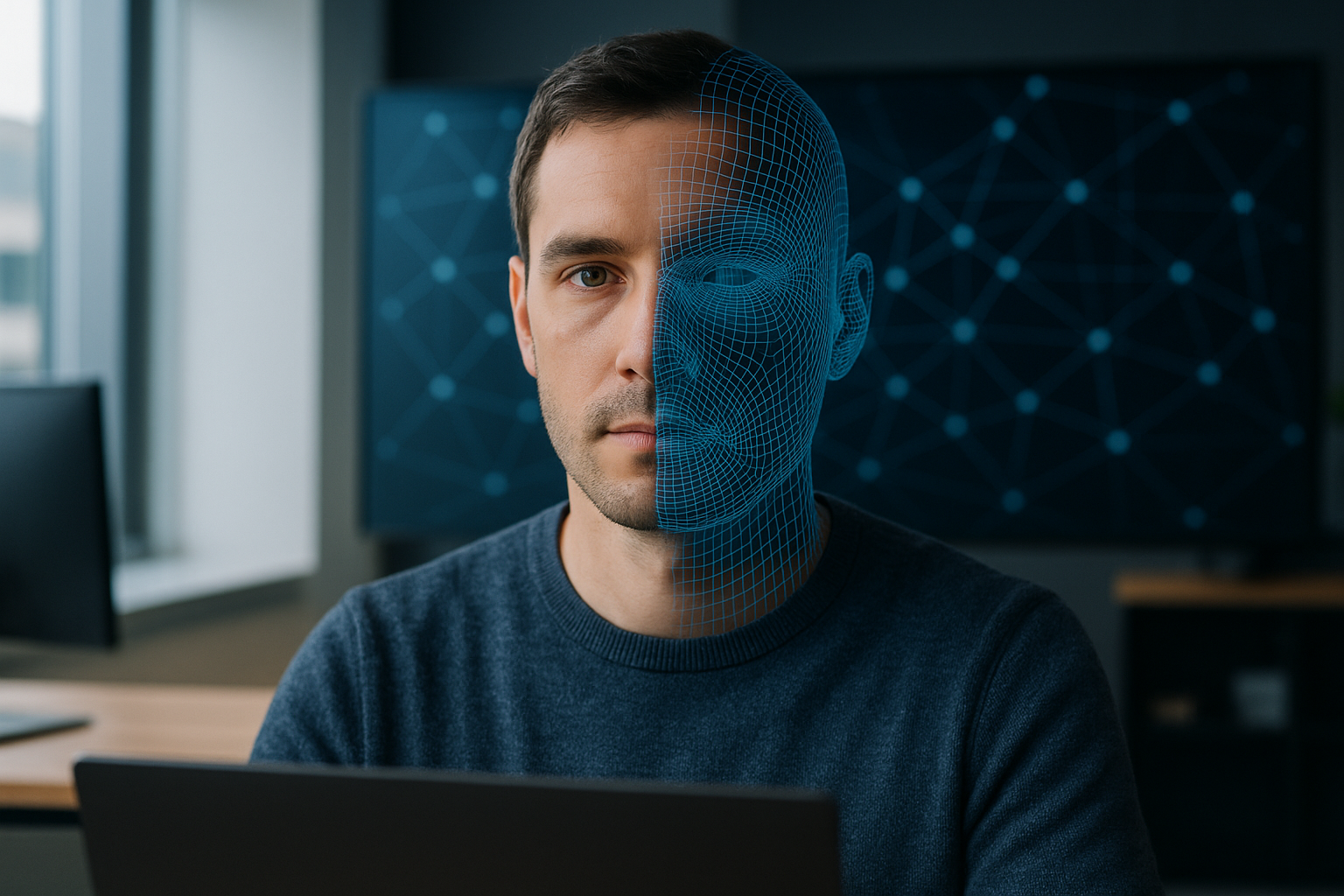 Rappresentazione concettuale di un volto reale e uno generato da intelligenza artificiale a simboleggiare i deepfake usati nelle truffe online