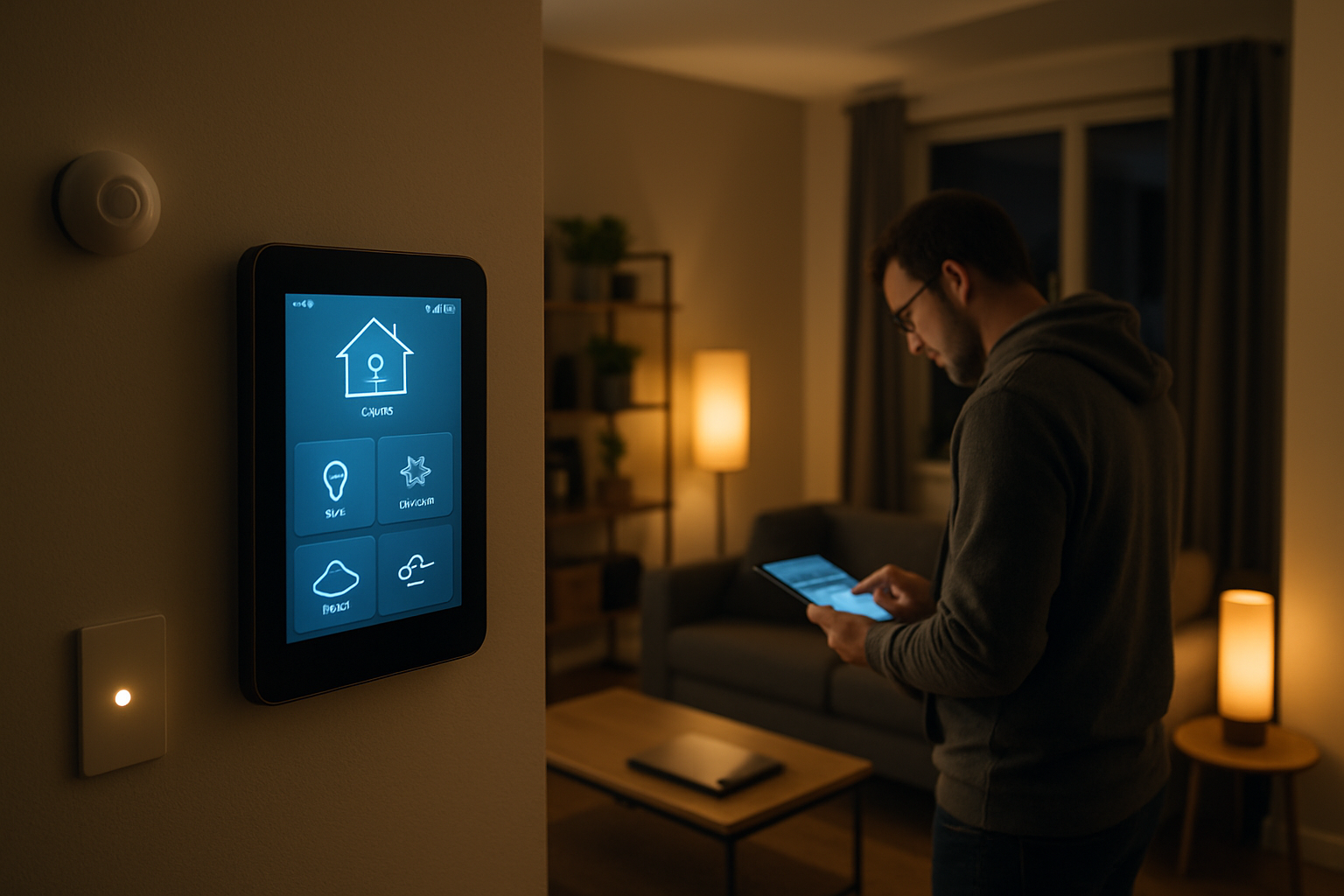 Interno domestico moderno con dispositivi domotici e sensori per automazione e sicurezza