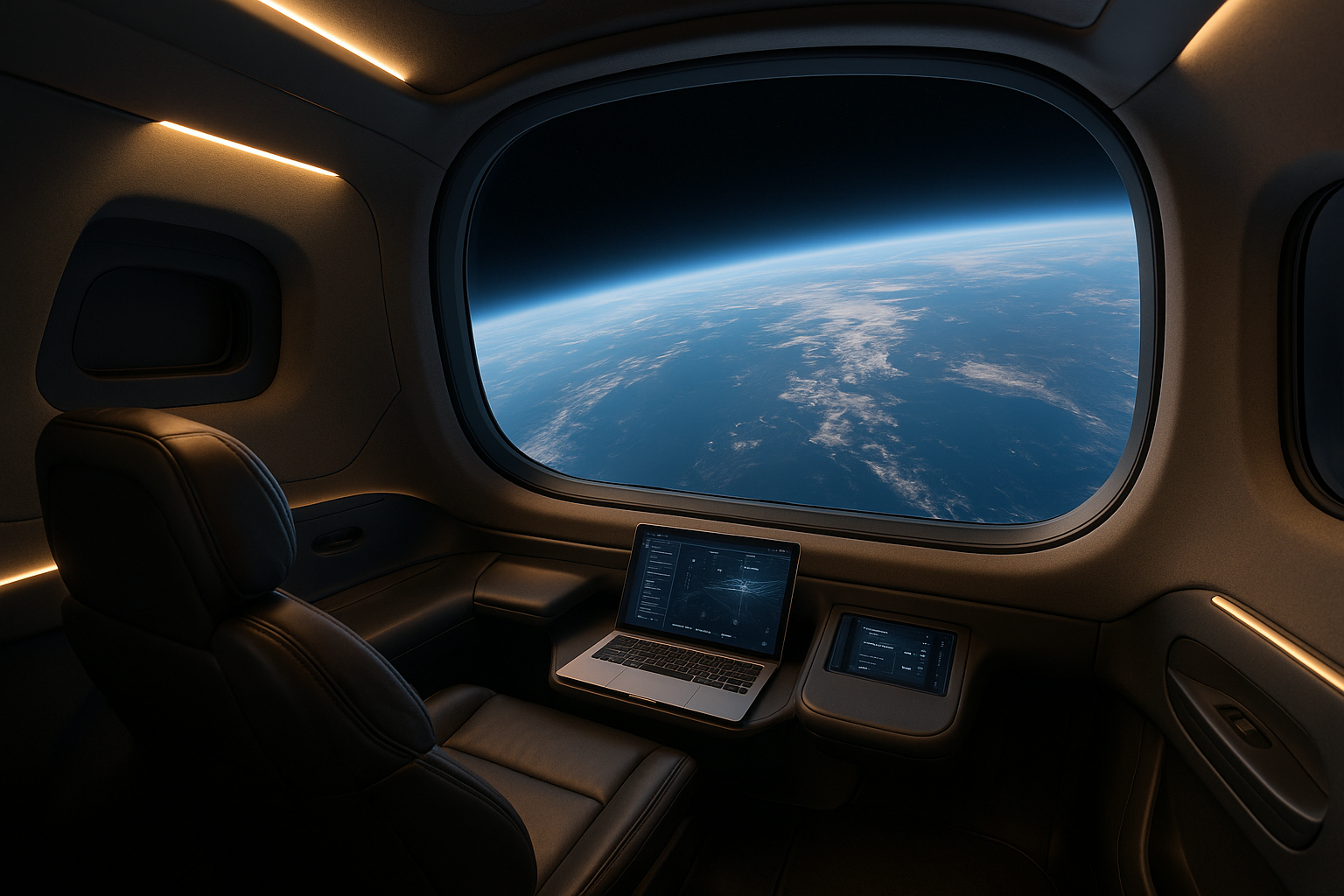 Interno di una capsula per turismo orbitale con vista della Terra dallo spazio
