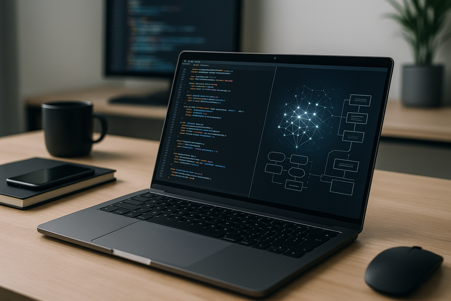 Ambiente di lavoro con laptop e codice, concetto di piattaforme open source e intelligenza artificiale