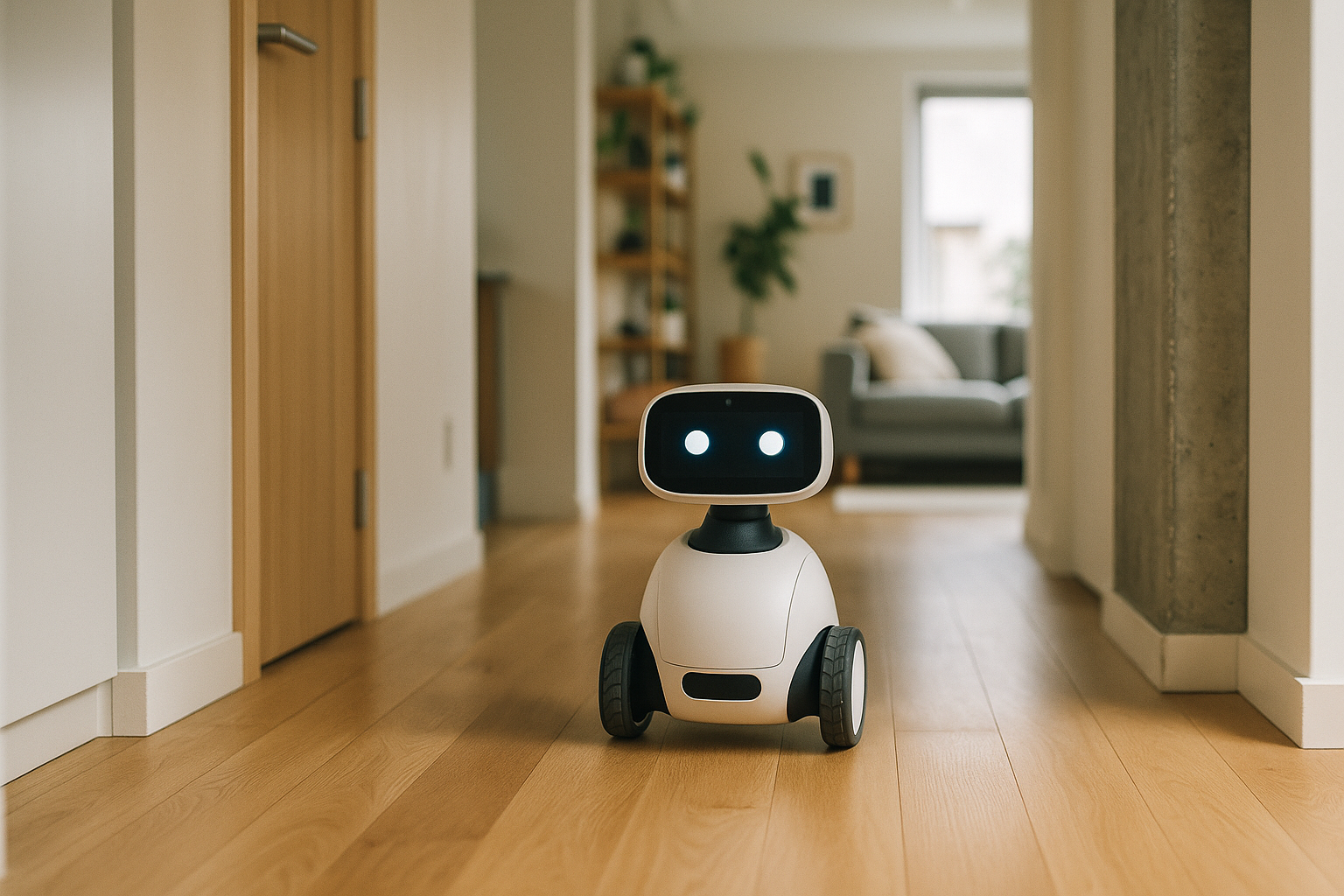 Robot domestico su ruote in un corridoio di casa mentre naviga tra ostacoli comuni
