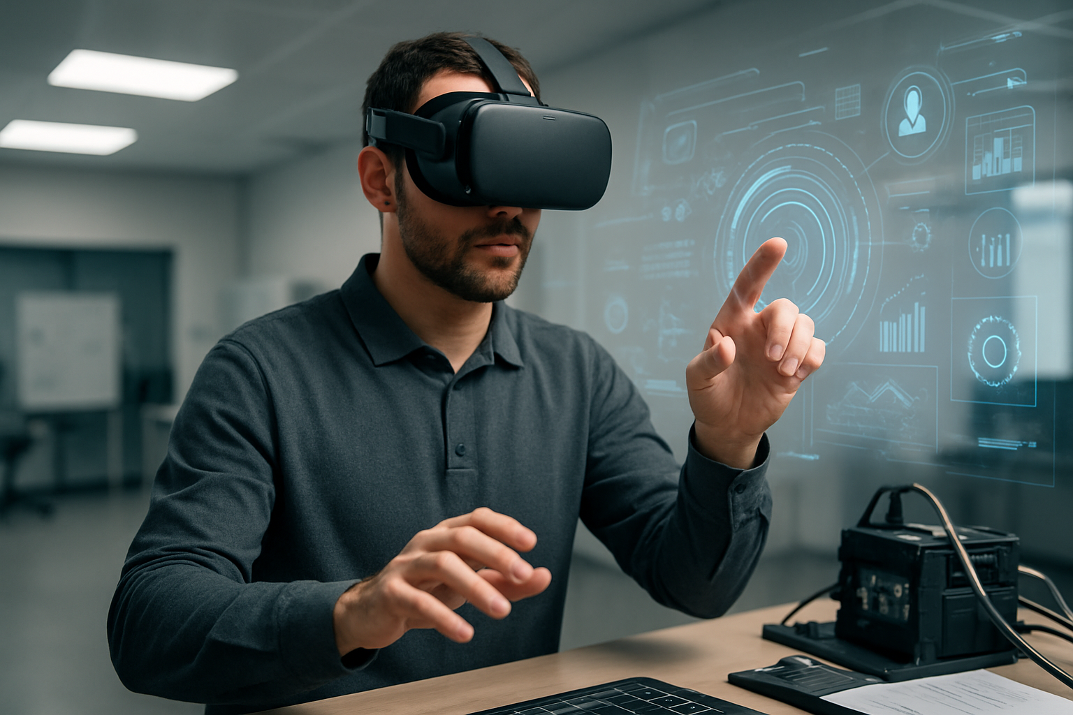 Simulazione di formazione professionale in realtà virtuale con visore e interfaccia digitale