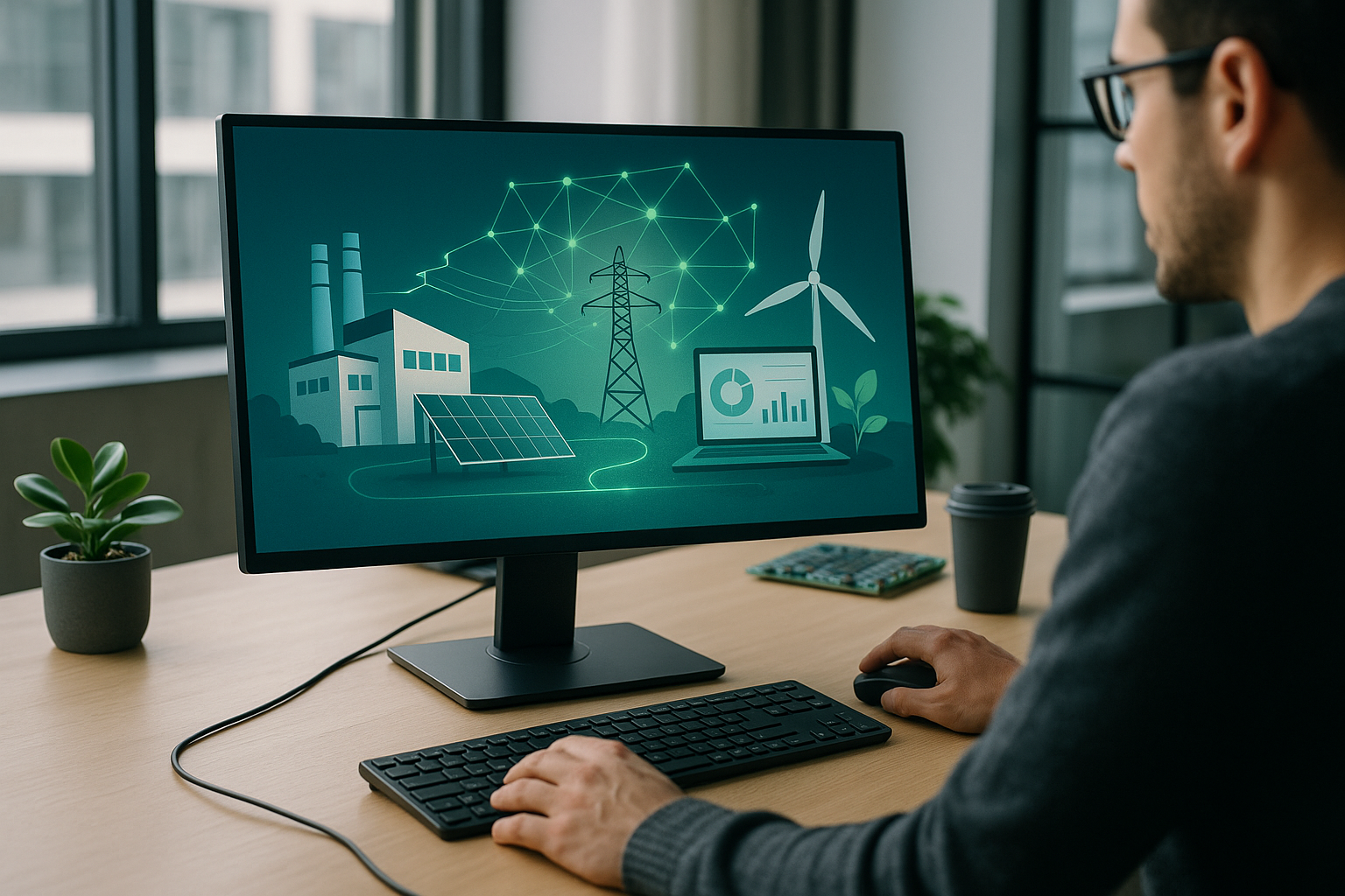 Ecosistema climate tech con rete intelligente, industria efficiente e analisi dati per riduzione emissioni
