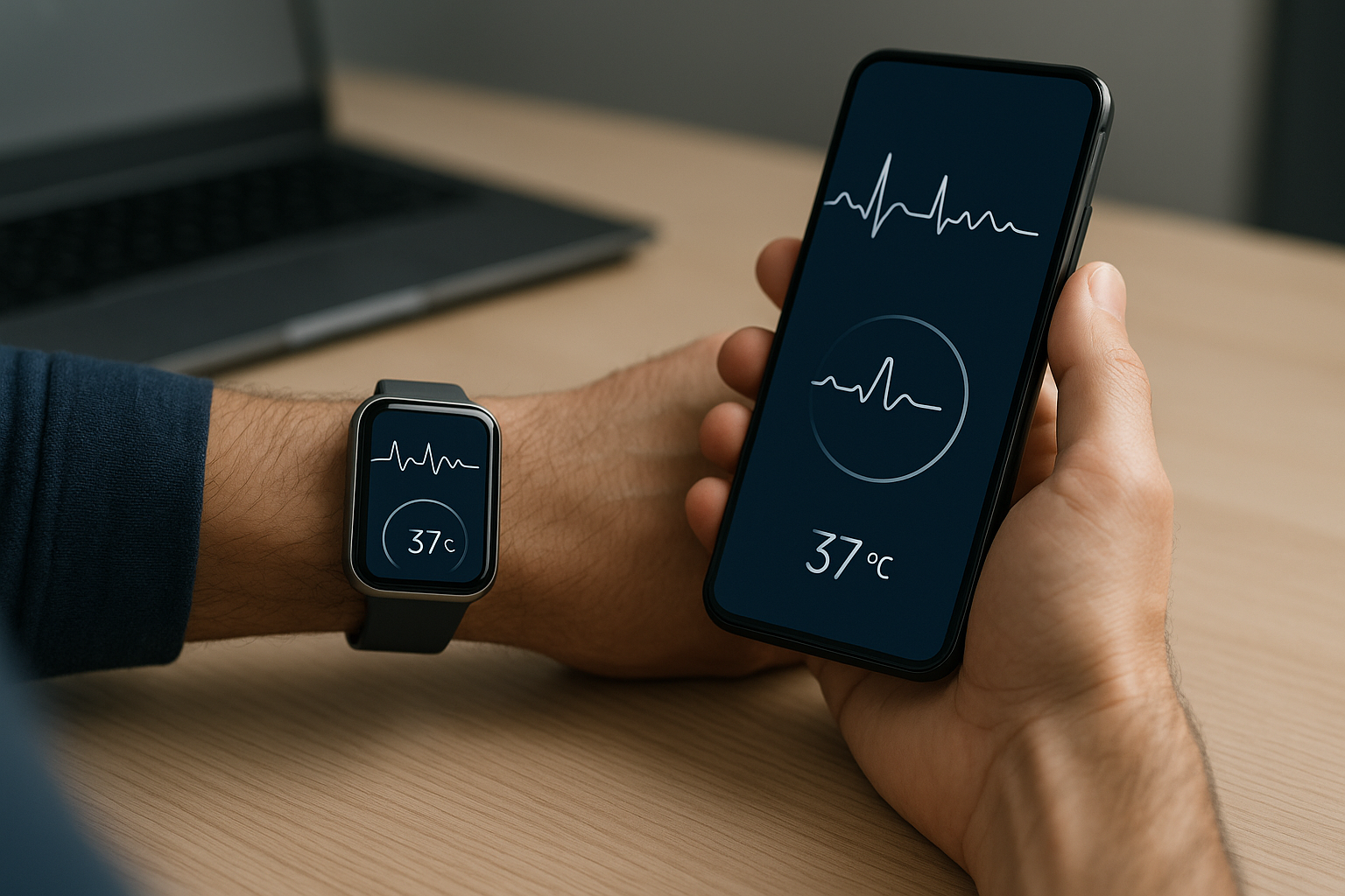 Wearable e smartphone che visualizzano dati biometrici come battito cardiaco e temperatura