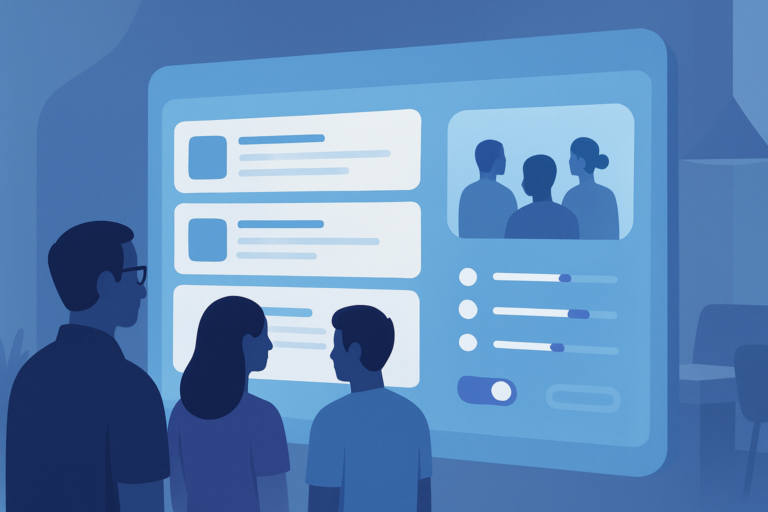 Rappresentazione concettuale di feed social con controlli di trasparenza e comunità digitale chiusa