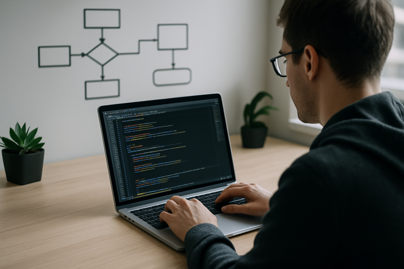 Laptop con editor di codice e diagrammi che rappresentano il coding assistito e l’accelerazione dello sviluppo software