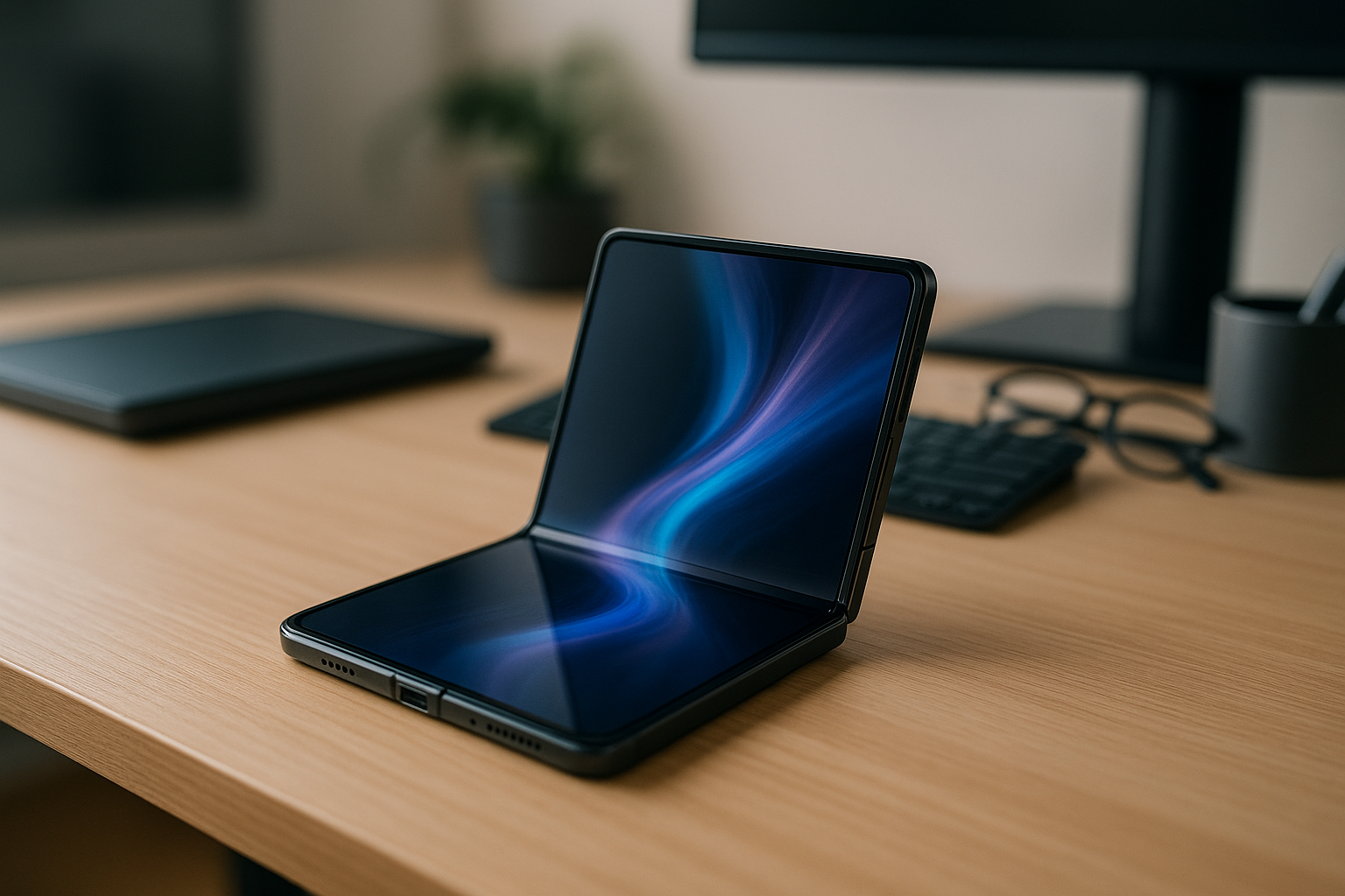 Smartphone pieghevole semiaperto con cerniera visibile e display flessibile