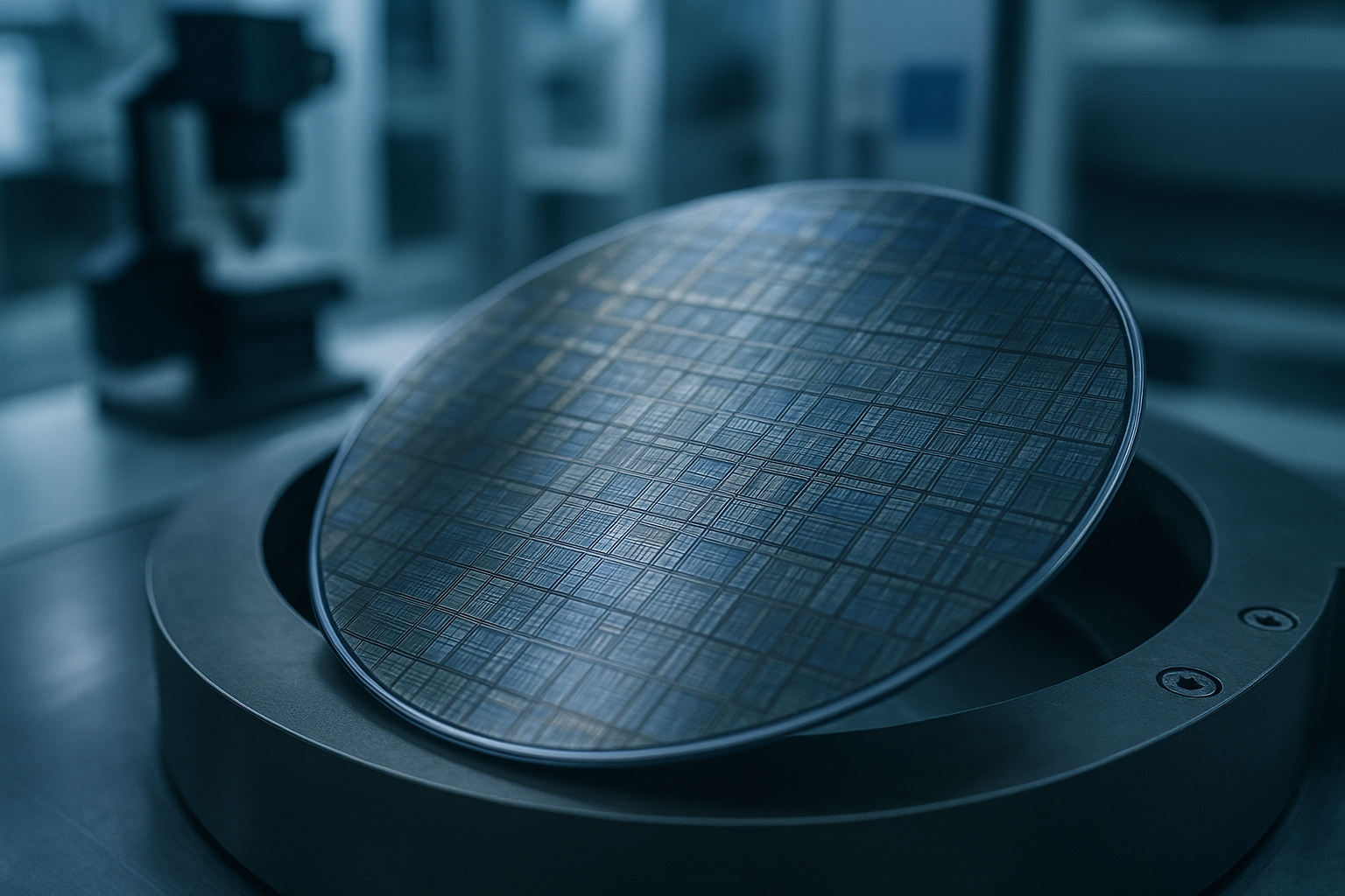 Wafer di semiconduttori con pattern dei chip e riflessi metallici in ambiente industriale