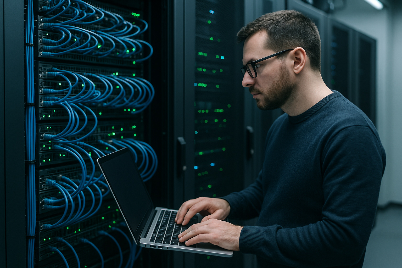 Infrastruttura digitale in un data center con server e connessioni di rete