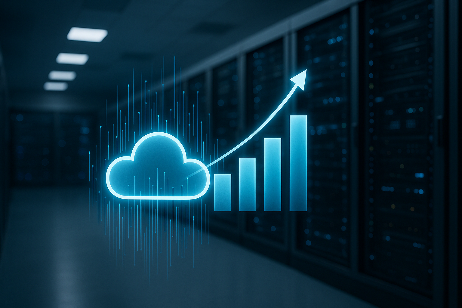 Rappresentazione astratta di data center e flussi di dati con indicazione di crescita degli investimenti nel cloud
