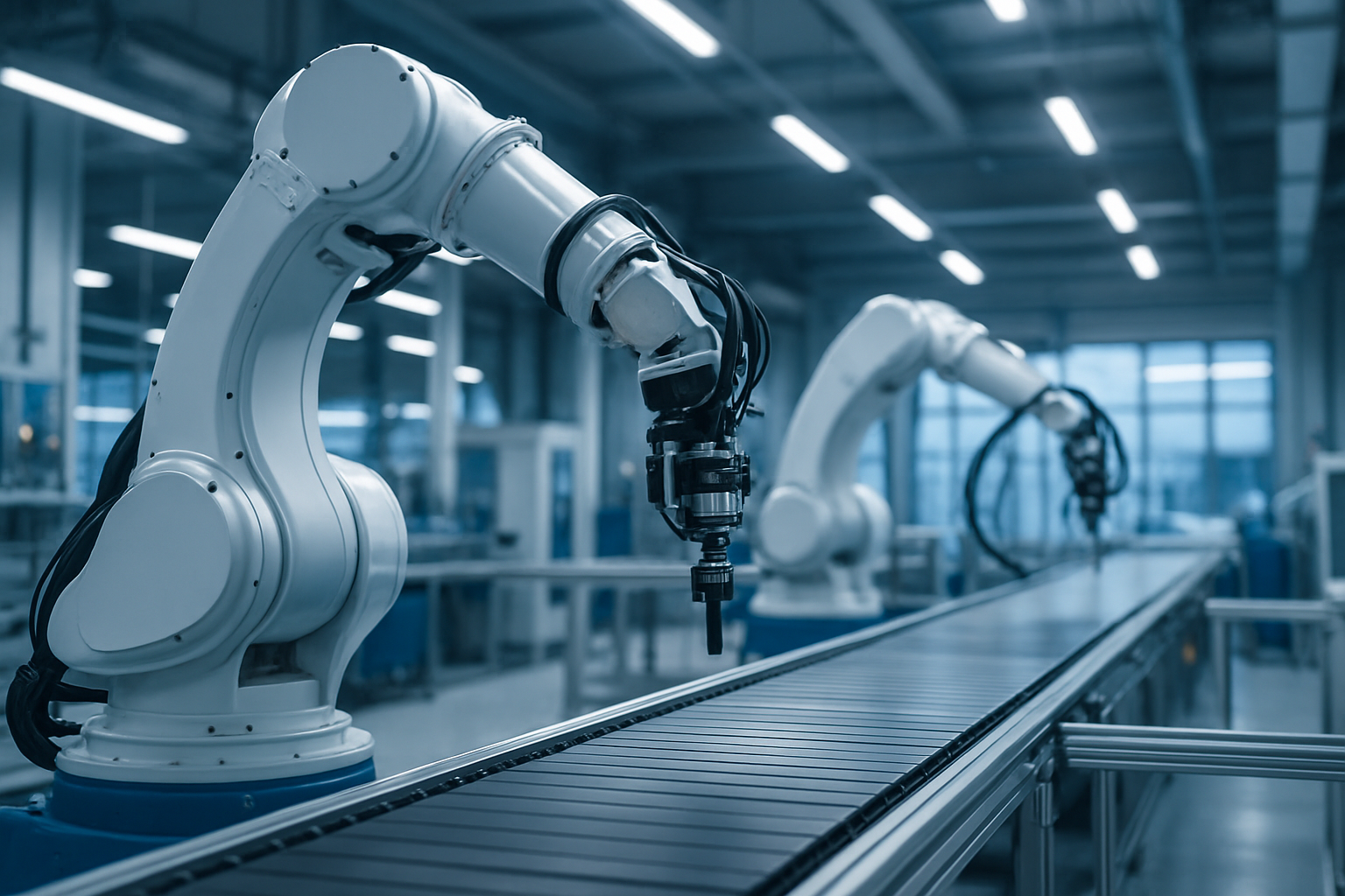 Bracci robotici in una linea di produzione automatizzata in fabbrica moderna