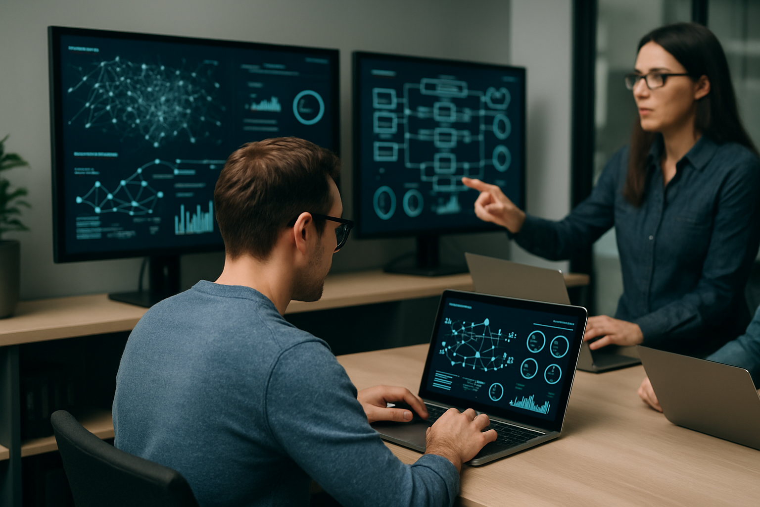 Team in ufficio che analizza dashboard e flussi di lavoro legati all’adozione di AI generativa nei processi aziendali