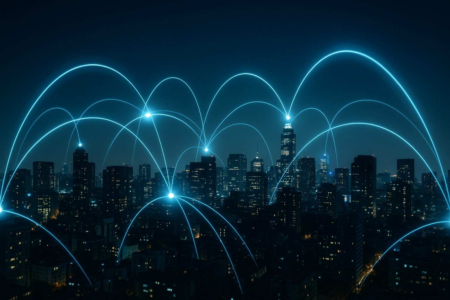 Sperimentazioni di rete 5G e 6G in una grande città con connessioni wireless rappresentate da linee luminose
