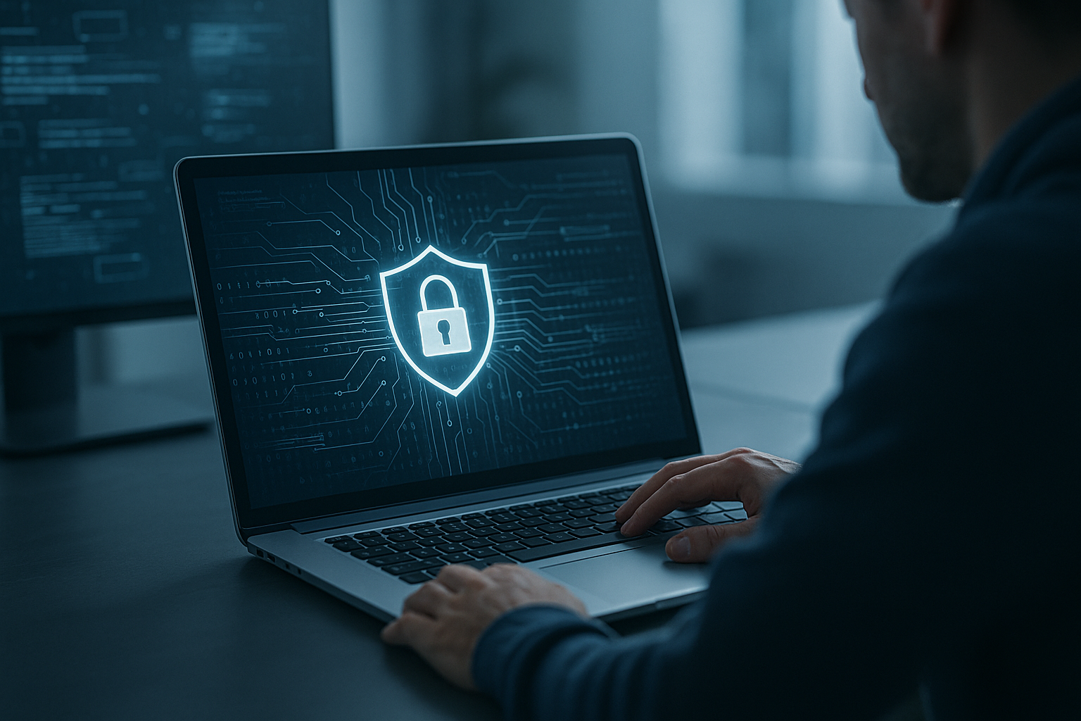 Concetto di sicurezza informatica con laptop e simboli astratti di protezione dei dati