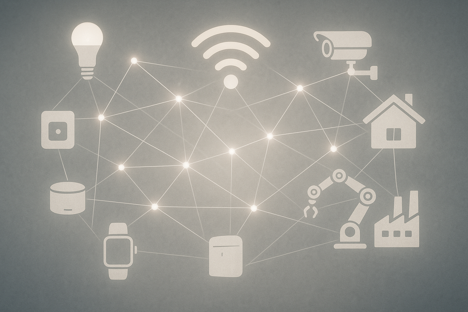 Schema concettuale di dispositivi IoT connessi tra casa, città e industria