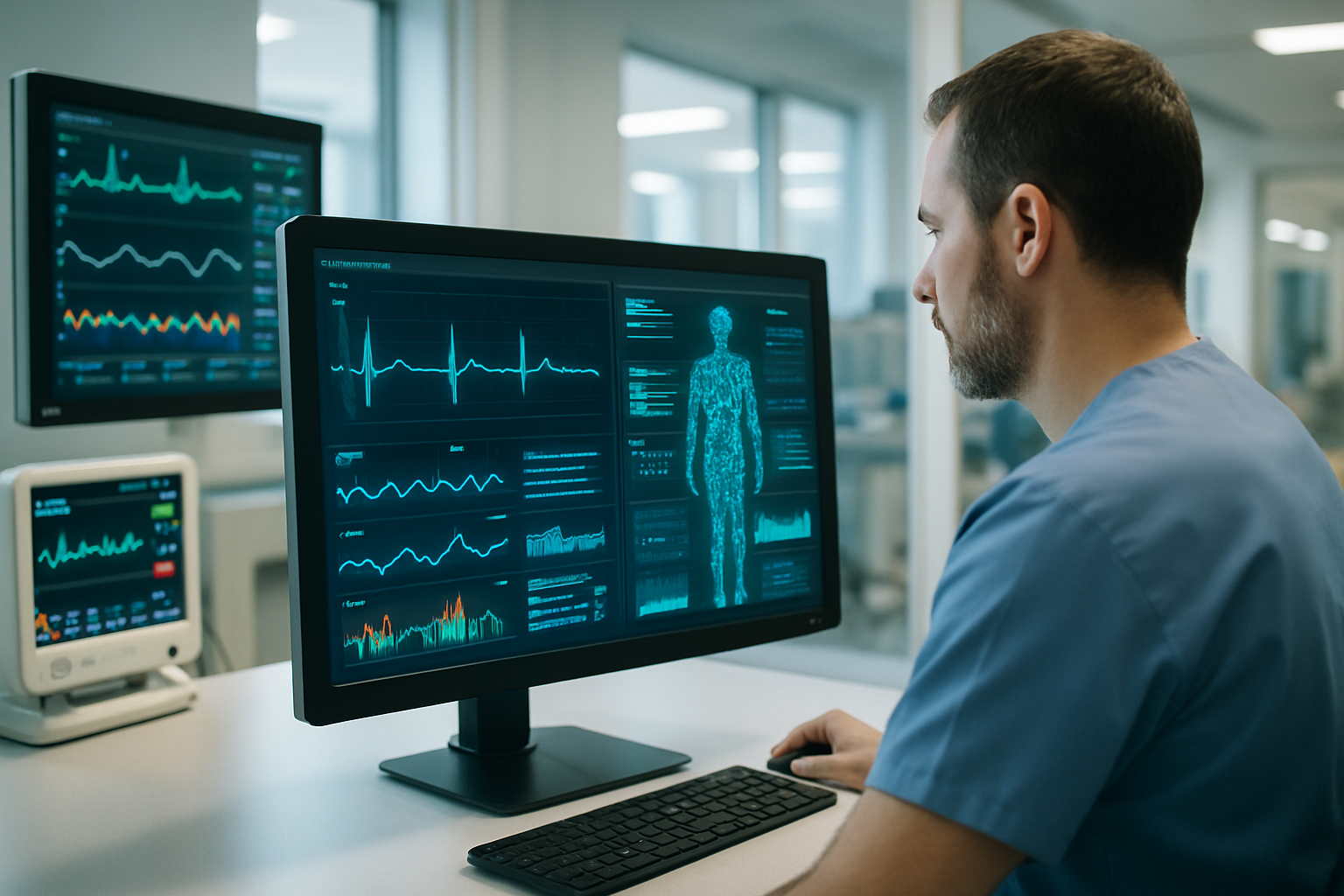 Sistema ospedaliero moderno con strumenti digitali e monitor clinici che rappresentano l’integrazione dell’AI