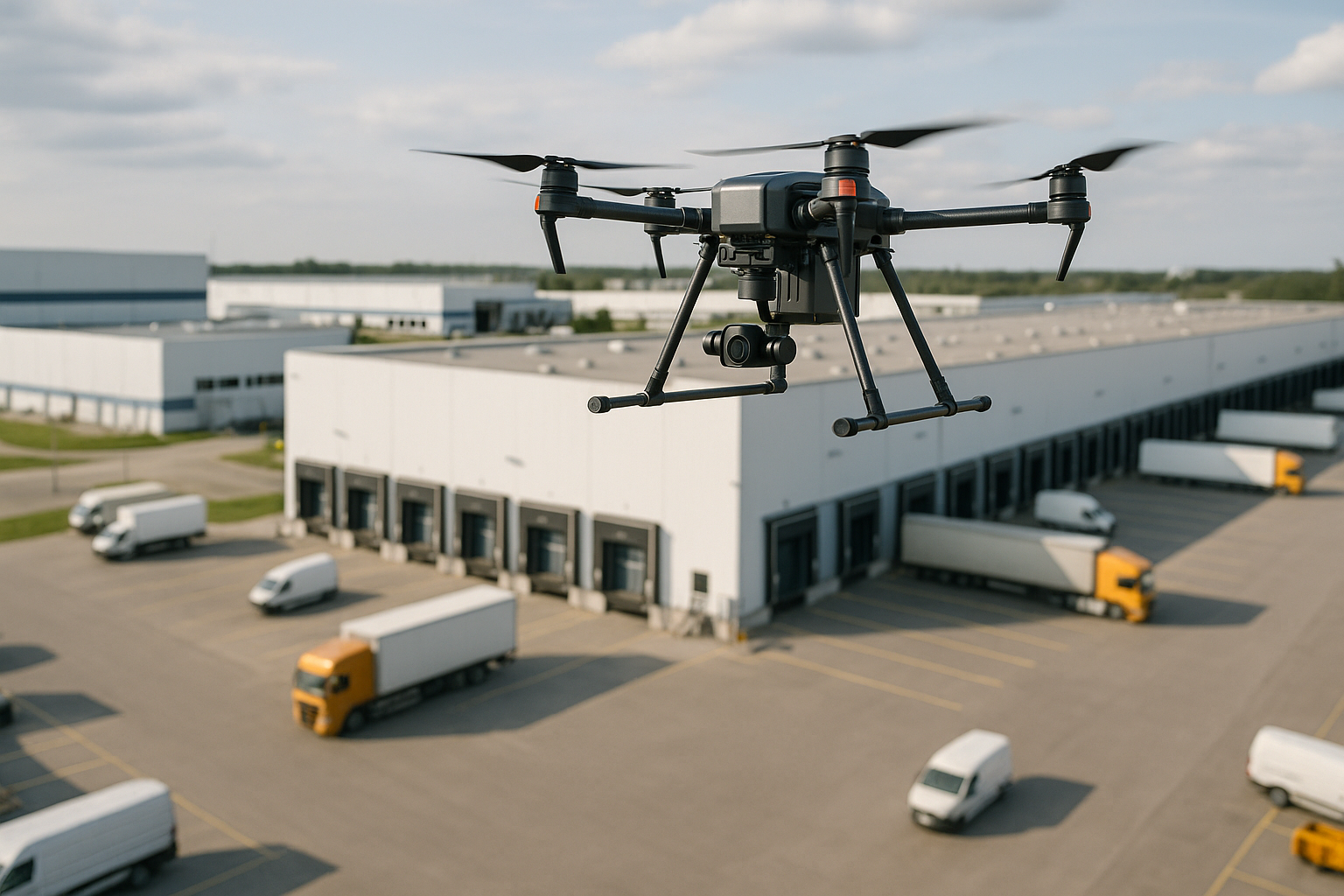 Drone professionale che sorvola un hub logistico per ispezione e monitoraggio