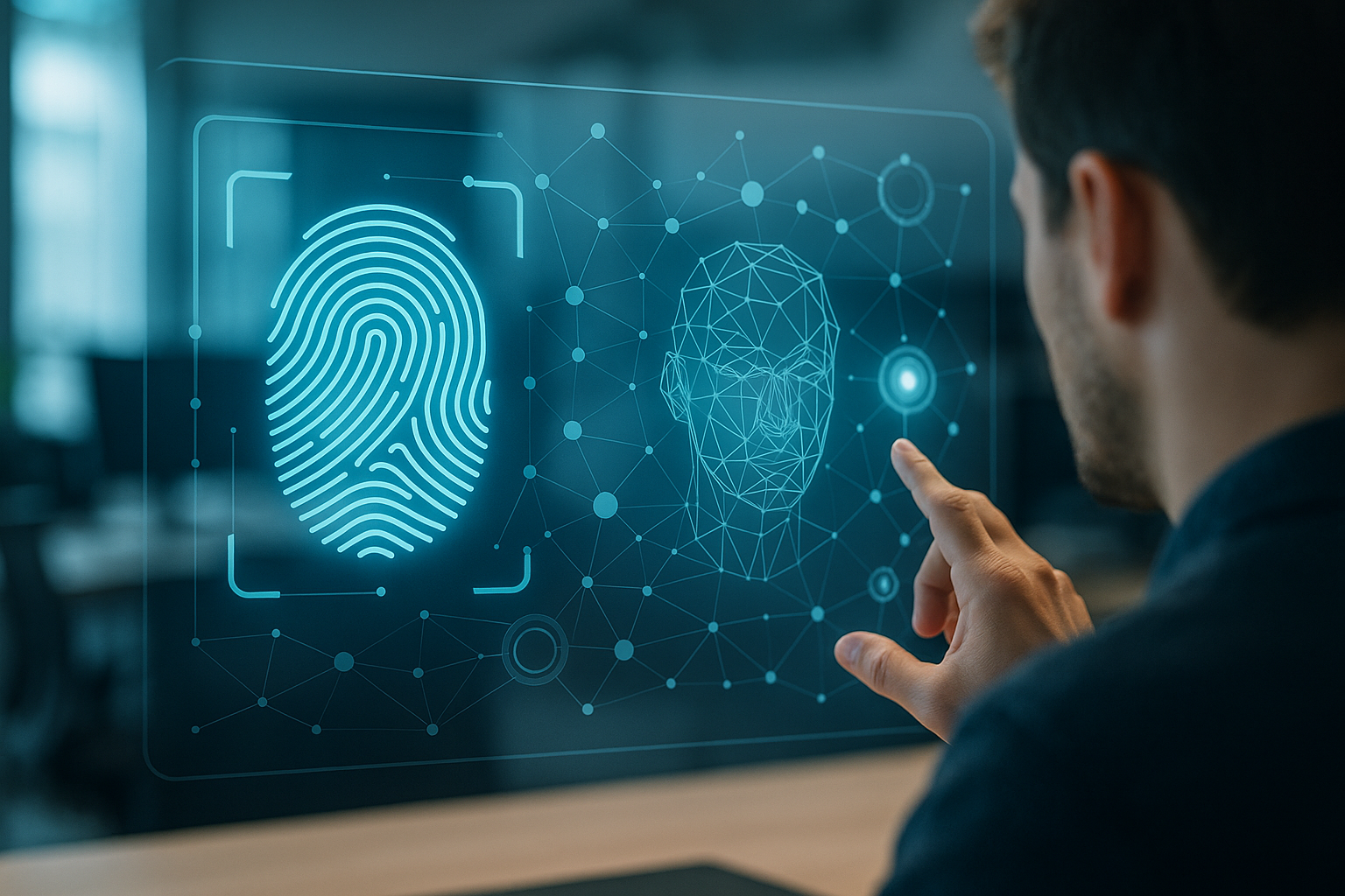 Schema astratto di sicurezza digitale con elementi biometrici e rete