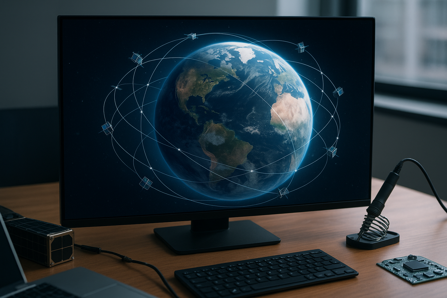 Costellazione di satelliti commerciali in orbita terrestre con traiettorie e Terra sullo sfondo