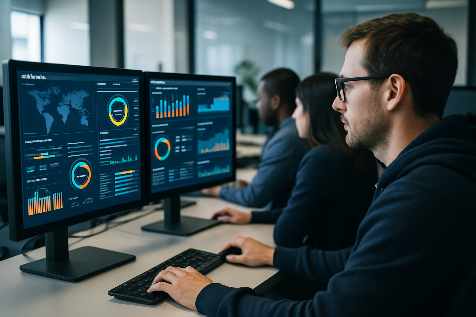 Team IT in ufficio che monitora indicatori di sicurezza e continuità operativa su schermi