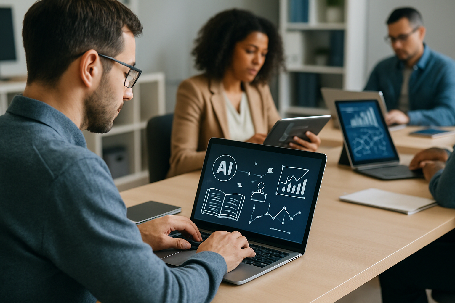 Professionisti seguono un percorso di formazione digitale con strumenti basati su intelligenza artificiale in un ufficio moderno